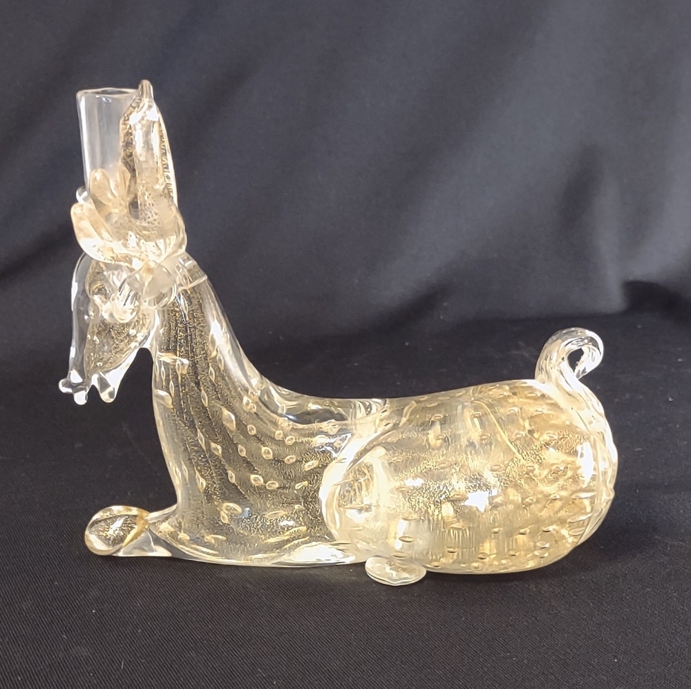 Mid Century Murano Italy Glass Gold Flecked Controlled Bubble Deer Candleholder